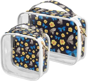 Blue-grey-butterfly 2 Pack Clear Toiletry Bag Women Men, Portable Waterproof Clear Pouch, Cosmetic Bag with Double Zippers Large Opening Traveling with Handle for Bathroom Traveling Vacation Organizin