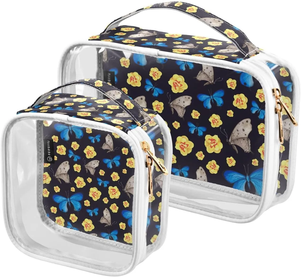 Blue-grey-butterfly 2 Pack Clear Toiletry Bag Women Men, Portable Waterproof Clear Pouch, Cosmetic Bag with Double Zippers Large Opening Traveling with Handle for Bathroom Traveling Vacation Organizin