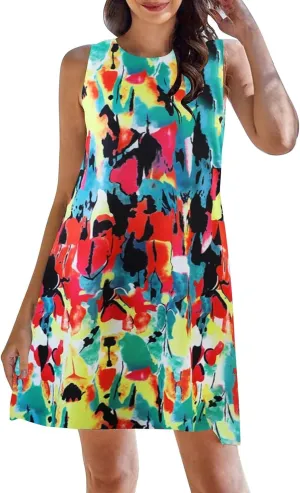 Boho Dresses for Women 2024 Summer Midi Dress Casual Spring Floral Print Tank Sleeveless Flowy Short Beach Sun Dress
