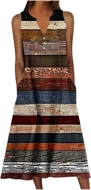 Boho Dresses for Women 2025 Bohemian Floral Print Sleeveless Crewneck Flowy Sun Dress Summer Beach Dress with Pockets