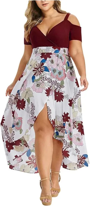 Boho Dresses for Women,2024 Spring Summer Elegant Wrap V Neck Plus Size Dress,Romantic Flowy Slit Irregular Hem Beach Dress,Trendy Cold Shoulder Floral Print Wedding Guest Dress(C-Wine,2XL)