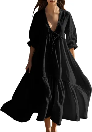 Boho Summer Dresses for Women Casual V Neck Beach Flowy Sundress Ladies Fashion Vacation Cotton Linen Maxi Dress