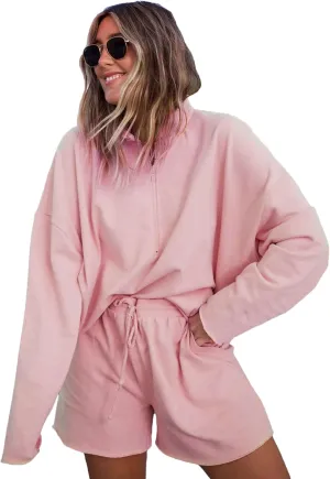 Bozanly Women's 2 Piece Outfits Casual Quarter Zip Long Sleeve Pullover and Drawstring Shorts Lounge Set