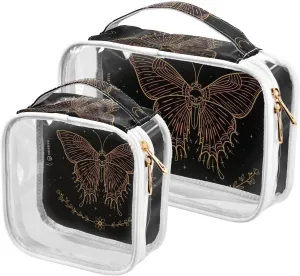 Butterfly-mystical Print 2 Pack Clear Toiletry Bag Women Men, Portable Waterproof Clear Pouch, Cosmetic Bag with Double Zippers Large Opening Traveling with Handle for Bathroom Traveling Vacation Orga