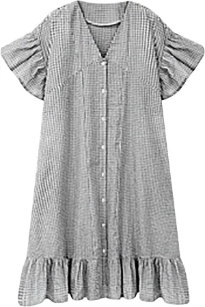Button Down Mini Dress for Women Short Sleeve Ruffle Hem Shirt Dresses Summer Casual Loose Fit Going Out Work Sundress