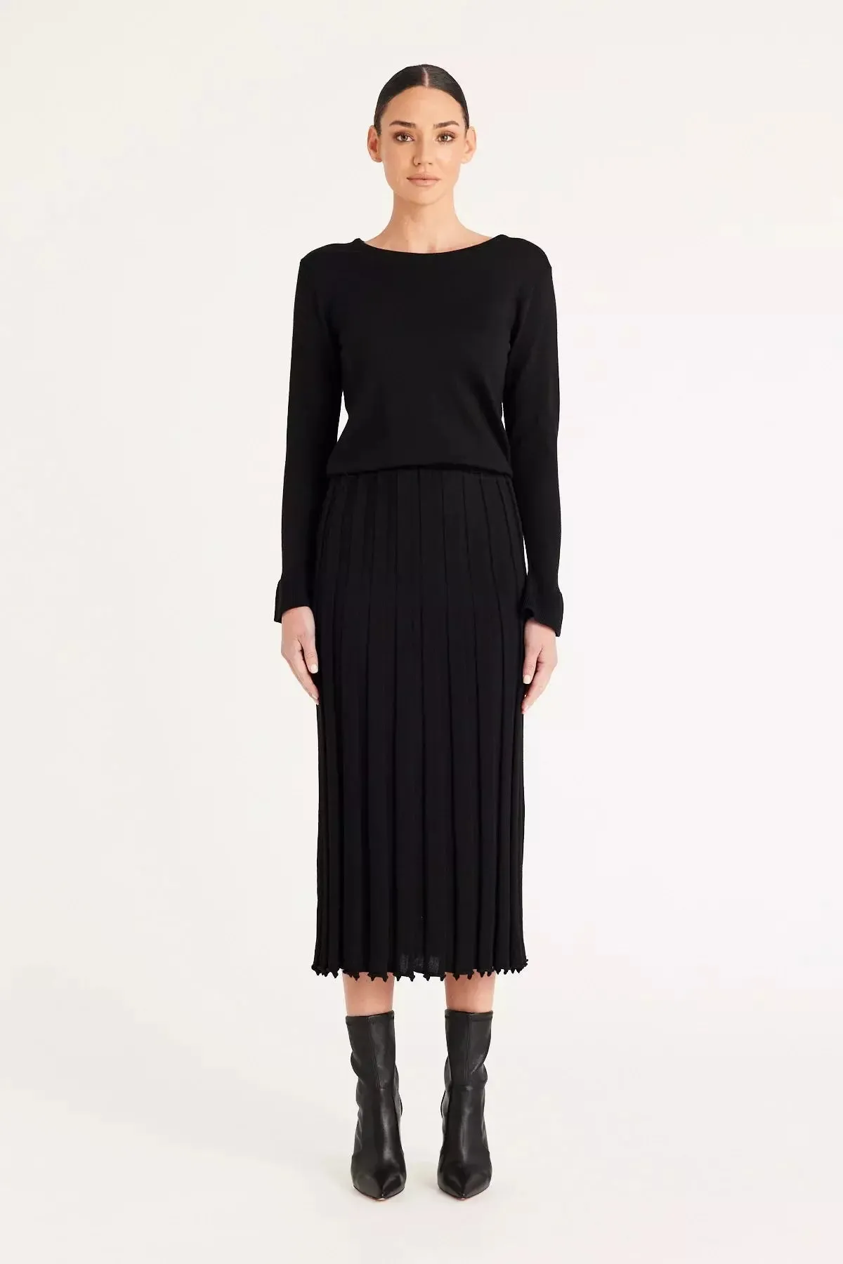 Cable | Merino Pleated Wool Dress | Black
