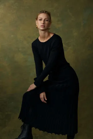 Cable | Merino Pleated Wool Dress | Black