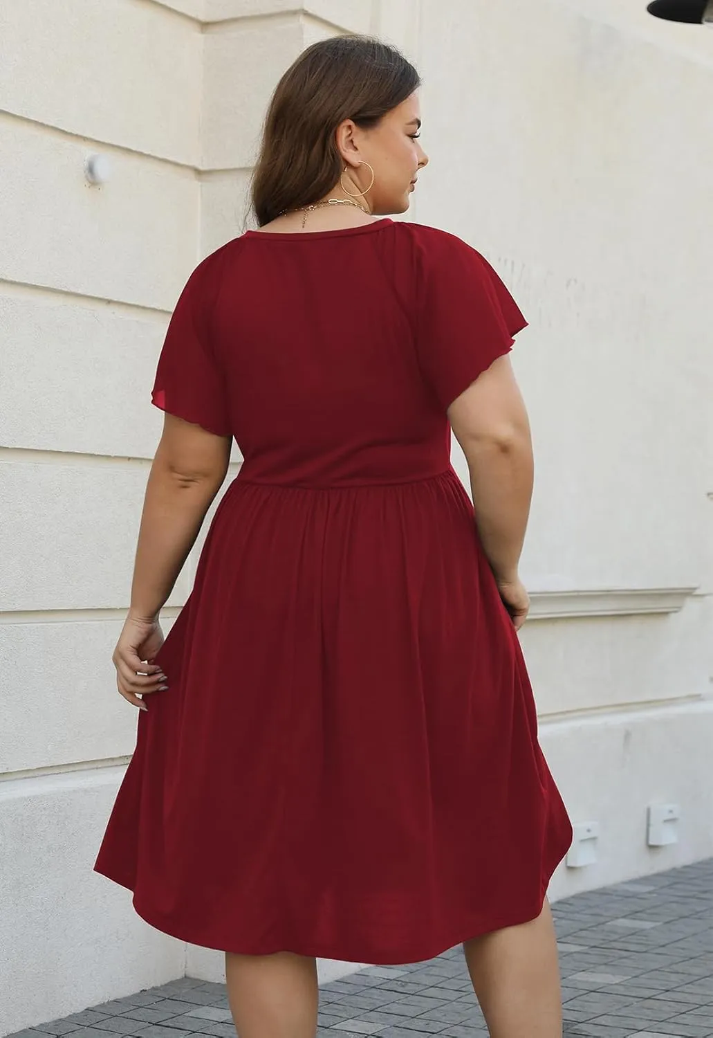 Celkuser Womens Round Neck Chiffon Short Sleeve A-line Midi Dress Casual Summer Dress Whith Pocket
