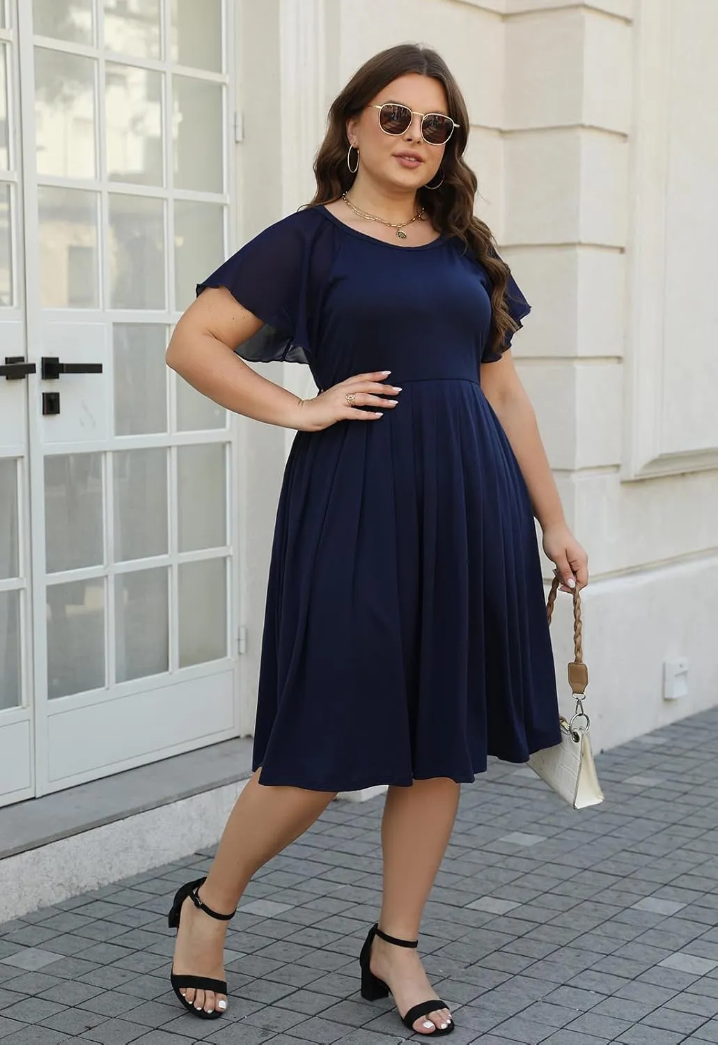 Celkuser Womens Round Neck Chiffon Short Sleeve A-line Midi Dress Casual Summer Dress Whith Pocket