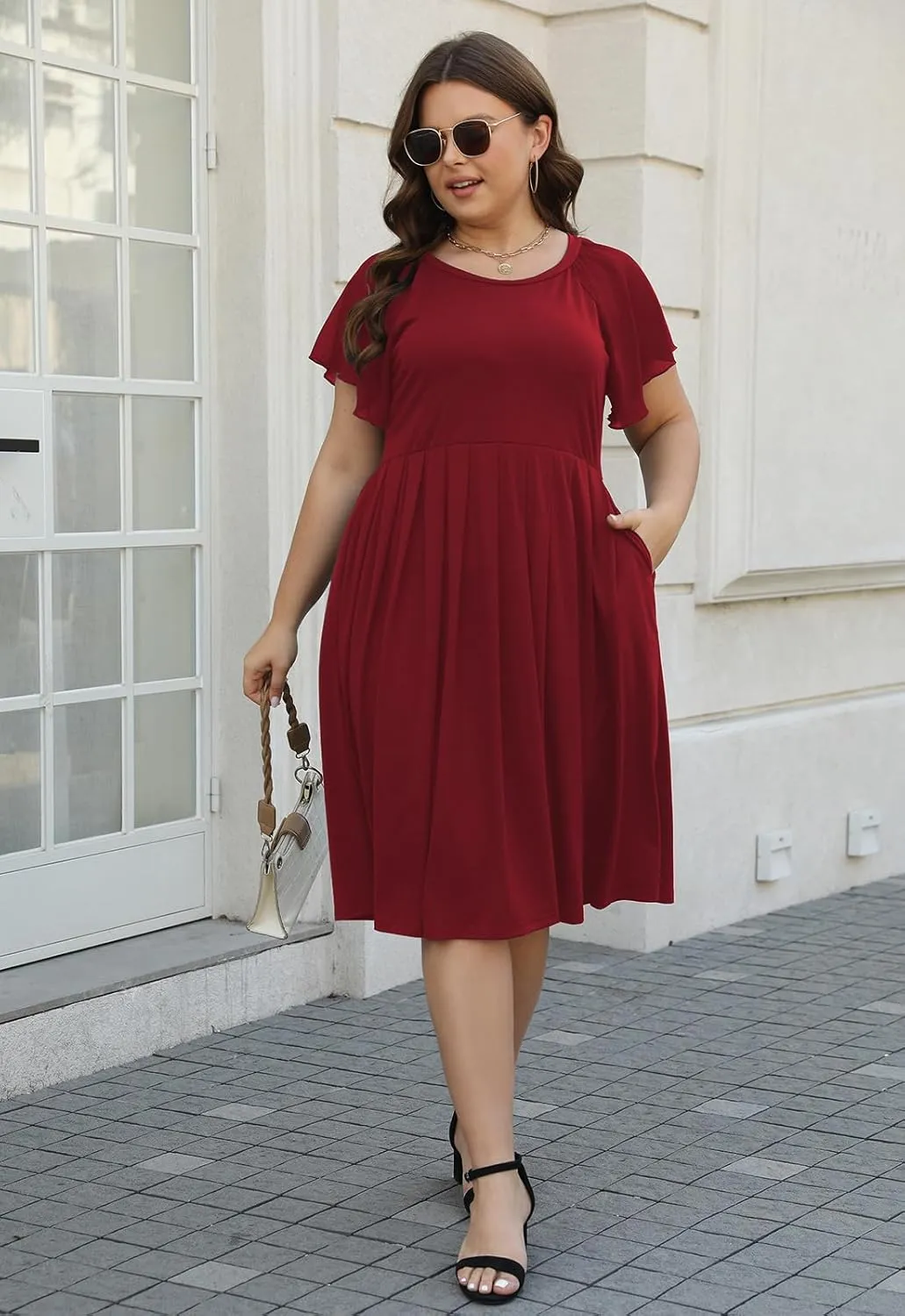 Celkuser Womens Round Neck Chiffon Short Sleeve A-line Midi Dress Casual Summer Dress Whith Pocket
