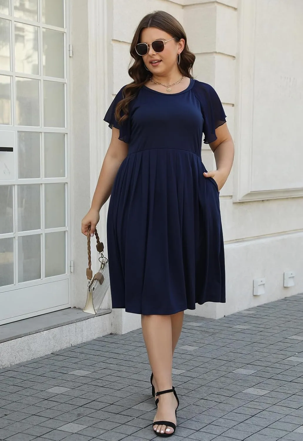 Celkuser Womens Round Neck Chiffon Short Sleeve A-line Midi Dress Casual Summer Dress Whith Pocket