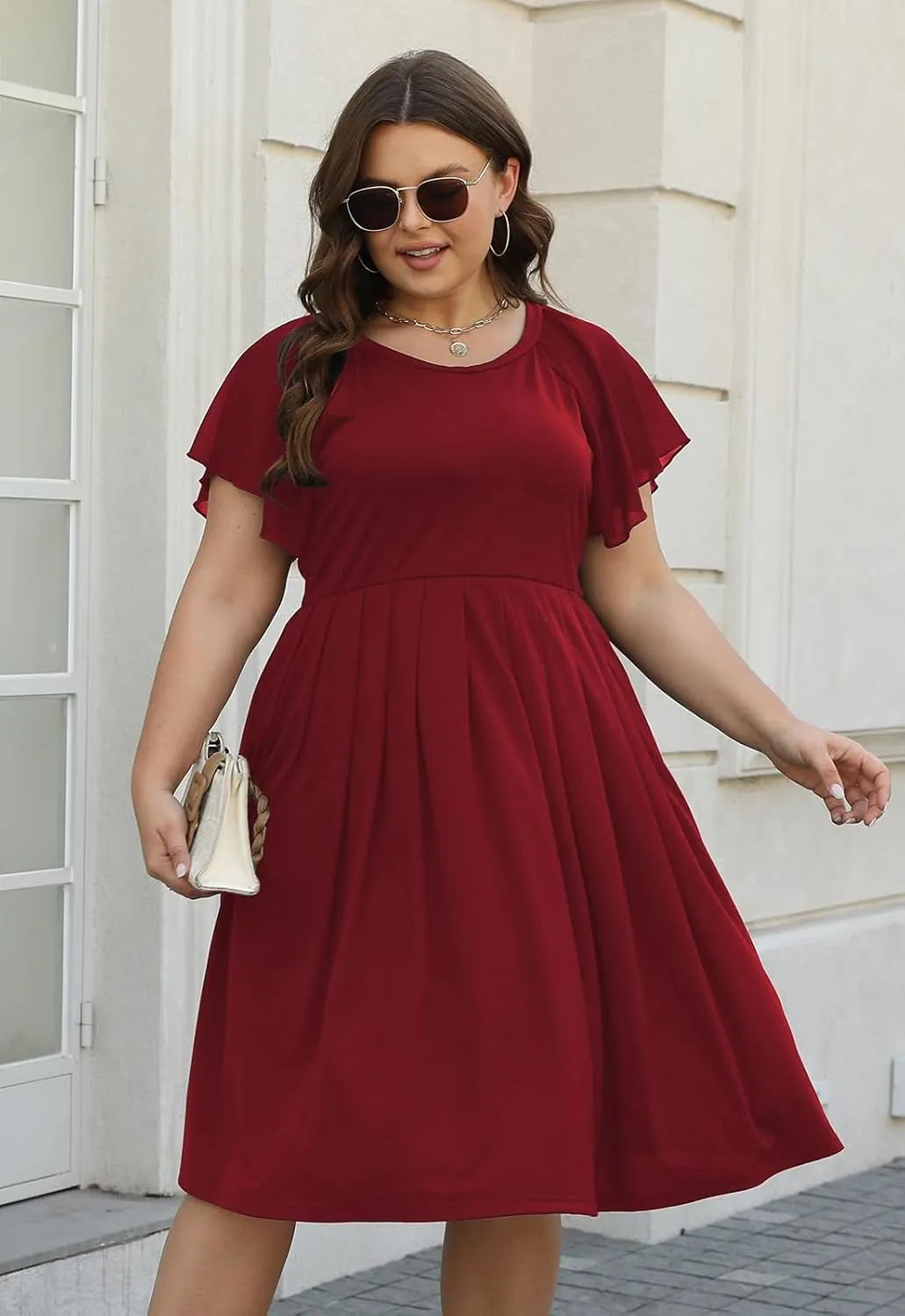 Celkuser Womens Round Neck Chiffon Short Sleeve A-line Midi Dress Casual Summer Dress Whith Pocket