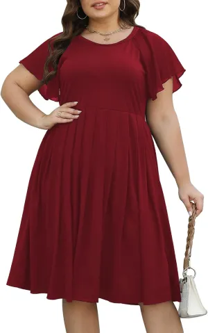 Celkuser Womens Round Neck Chiffon Short Sleeve A-line Midi Dress Casual Summer Dress Whith Pocket
