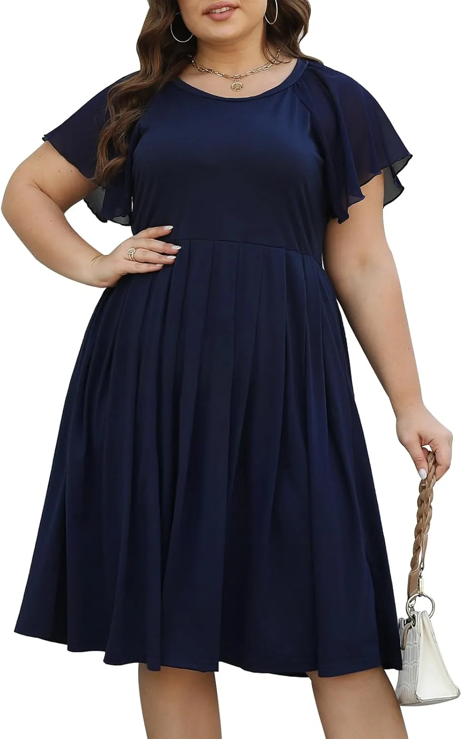 Celkuser Womens Round Neck Chiffon Short Sleeve A-line Midi Dress Casual Summer Dress Whith Pocket