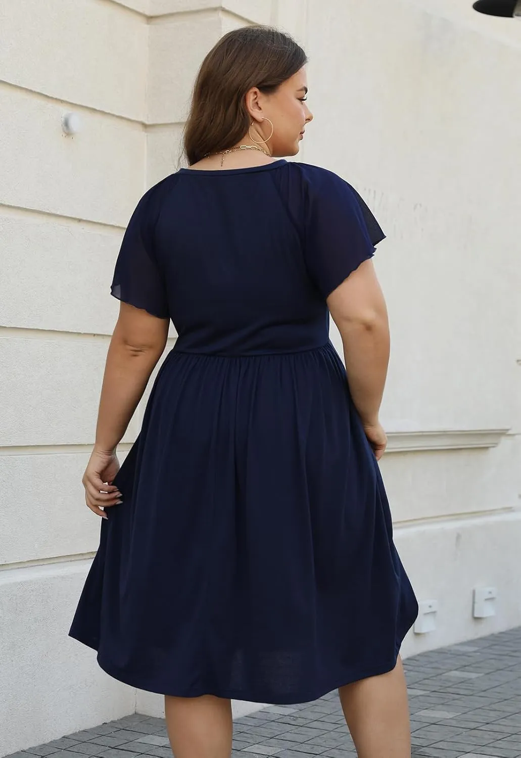 Celkuser Womens Round Neck Chiffon Short Sleeve A-line Midi Dress Casual Summer Dress Whith Pocket