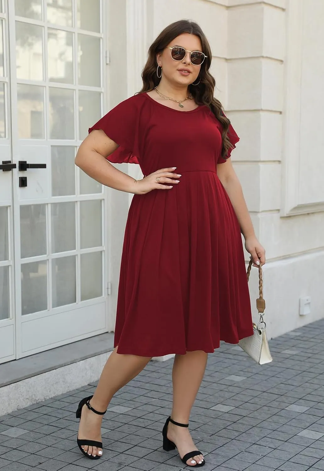 Celkuser Womens Round Neck Chiffon Short Sleeve A-line Midi Dress Casual Summer Dress Whith Pocket