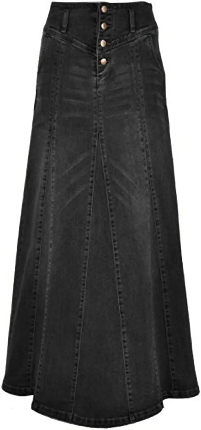 CHARTOU Women's Retro Exposure Button-Fly Packaged Hip A-Line Maxi Long Denim Skirt
