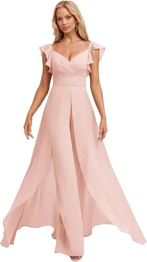 Chiffon Bridesmaid Jumpsuit for Women V Neck Elegant Wedding Guest Jumpsuit Pleated Formal Outfit