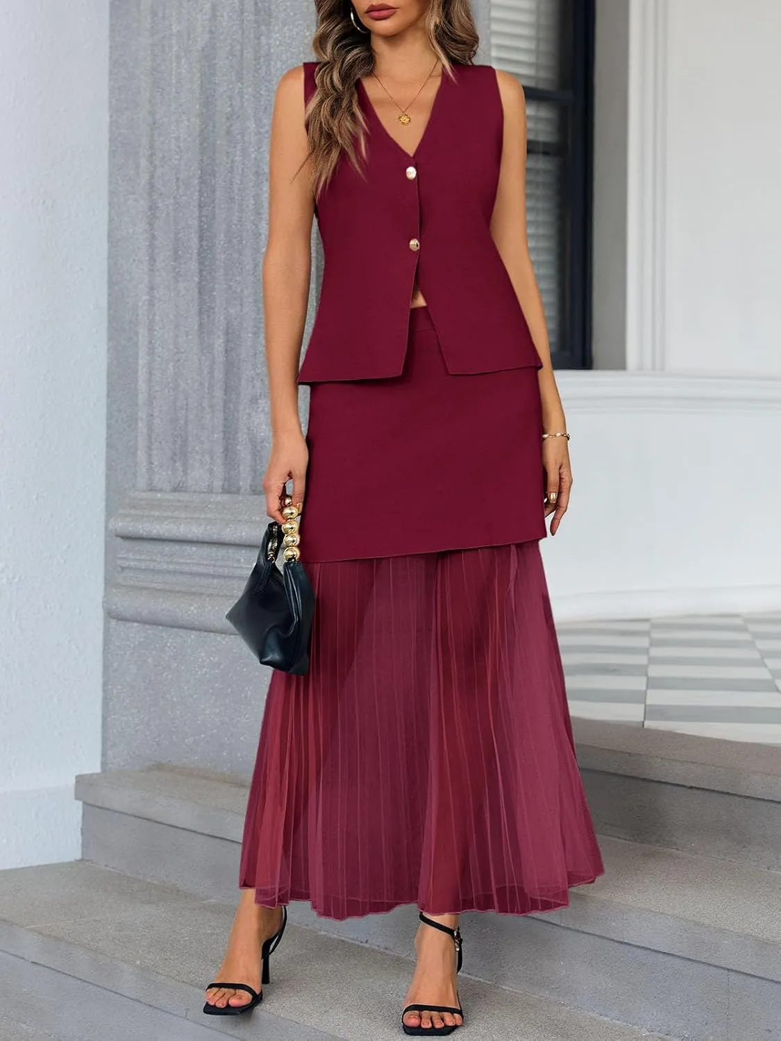 Cicy Bell Womens Summer 2 Piece Outfits V Neck Sleeveless Blazer Waistcoat and Mesh Maxi Skirt Suit Sets