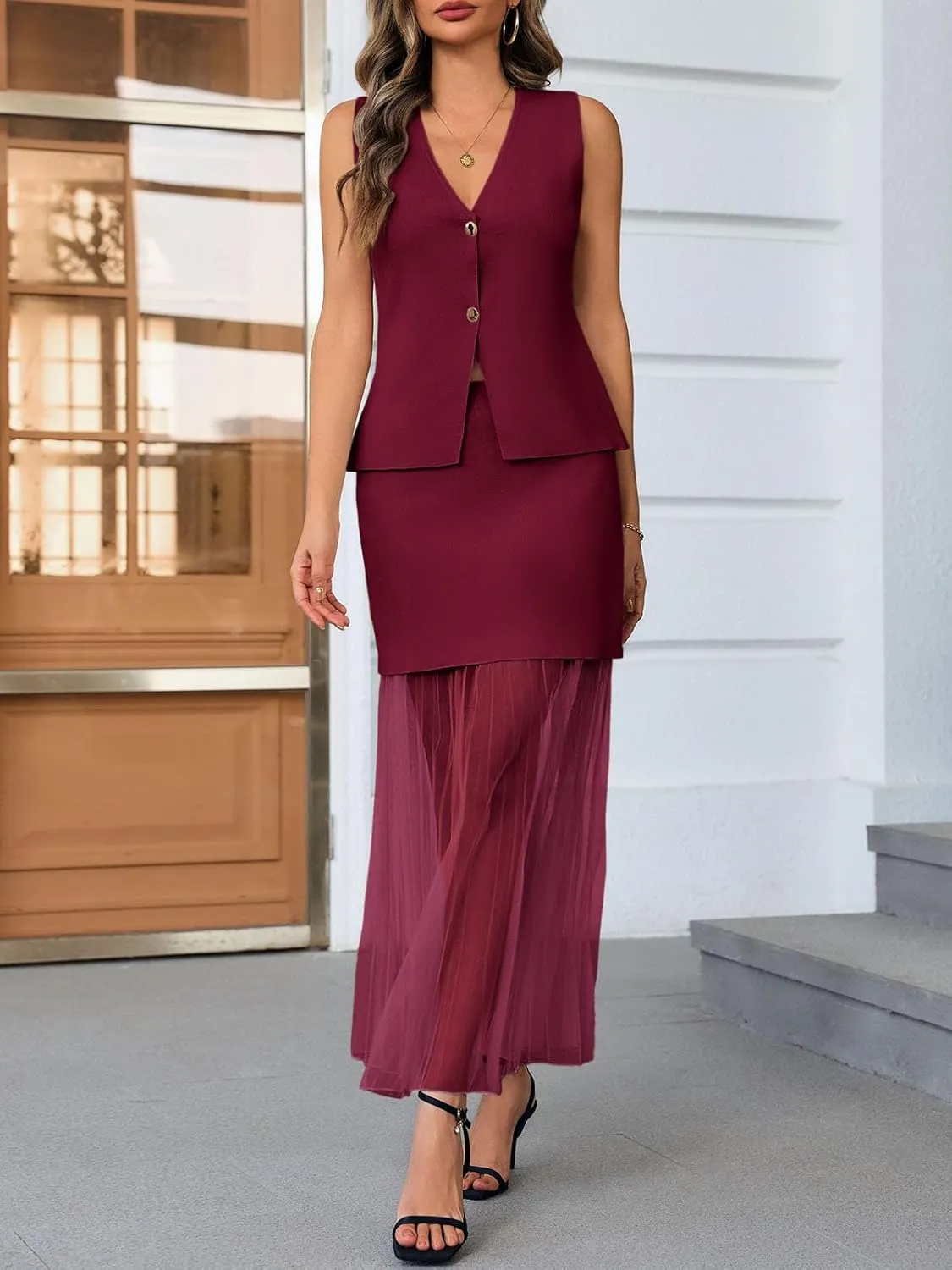 Cicy Bell Womens Summer 2 Piece Outfits V Neck Sleeveless Blazer Waistcoat and Mesh Maxi Skirt Suit Sets