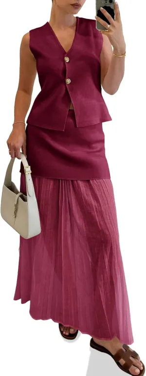 Cicy Bell Womens Summer 2 Piece Outfits V Neck Sleeveless Blazer Waistcoat and Mesh Maxi Skirt Suit Sets