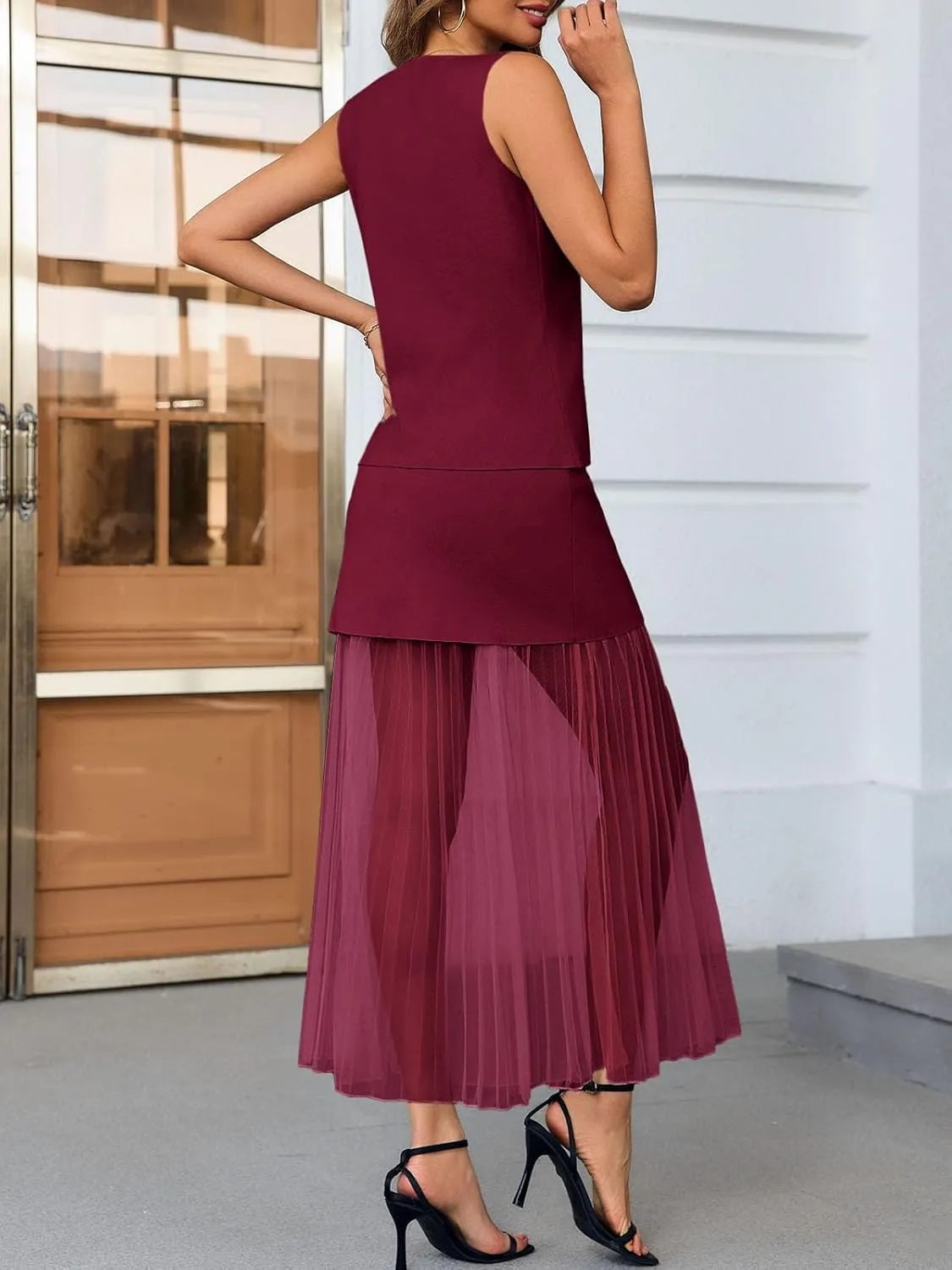 Cicy Bell Womens Summer 2 Piece Outfits V Neck Sleeveless Blazer Waistcoat and Mesh Maxi Skirt Suit Sets