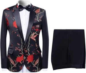 Cloudstyle Mens Suits One Button Floral Blazer 2-Piece Wedding Suits Jacket and Pants