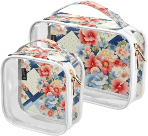 Colorful-flowers 2 Pack Clear Toiletry Bag Women Men, Portable Waterproof Clear Pouch, Cosmetic Bag with Double Zippers Large Opening Traveling with Handle for Bathroom Traveling Vacation Organizing