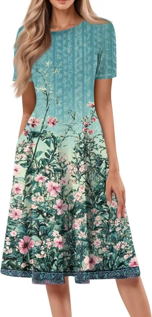 COTECRAM Summer Dress for Women 2025 Vacation Casual Short Sleeve Floral Boho Dresses Beach Flowy Midi Sundress with Pockets
