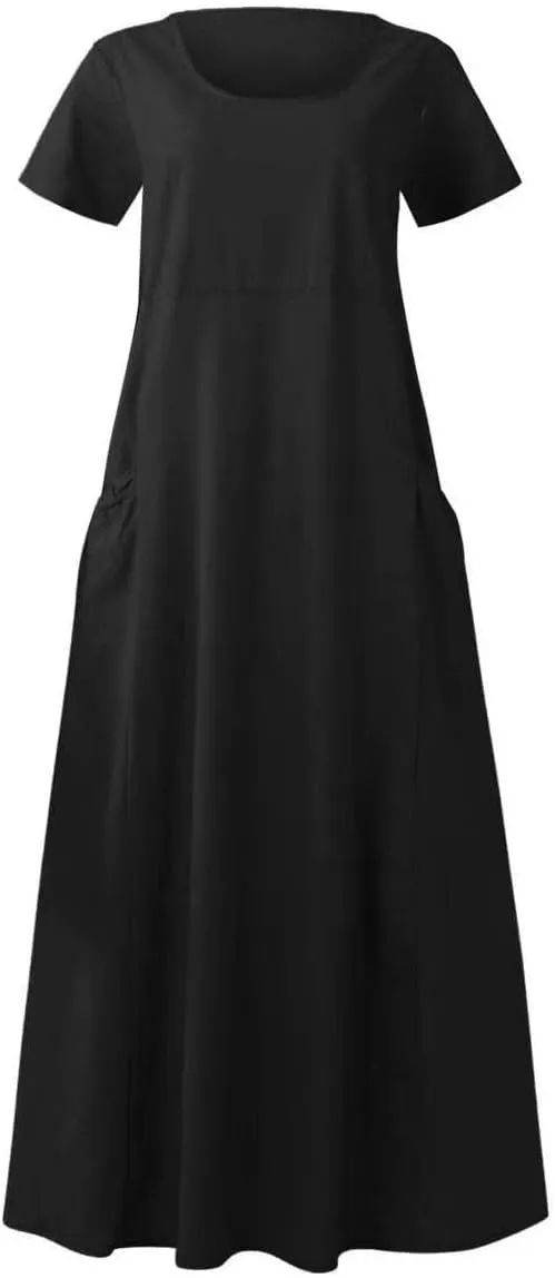 Cotton Linen Dress for Women Summer Short Sleeve Solid Sundress Casual Baggy Flowy Beach Maxi Dresses with Pockets