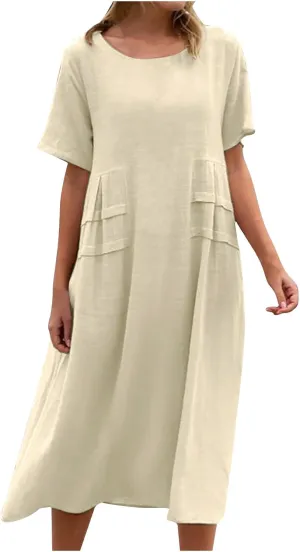 Cotton Linen Dress for Women's Short Sleeve Casual Loose Shift Flowy Summer Midi Dresses Beach Sundresses with Pockets
