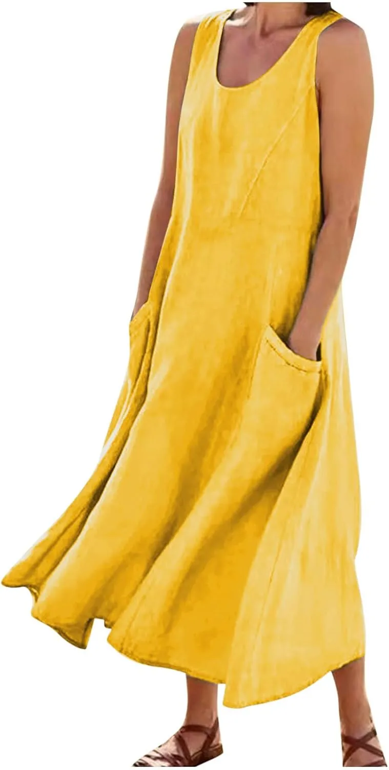 Cotton Linen Maxi Dress for Women 2025 Summer Boho Casual Beach Dresses Sleeveless Solid Long Dress Vacation Outfits