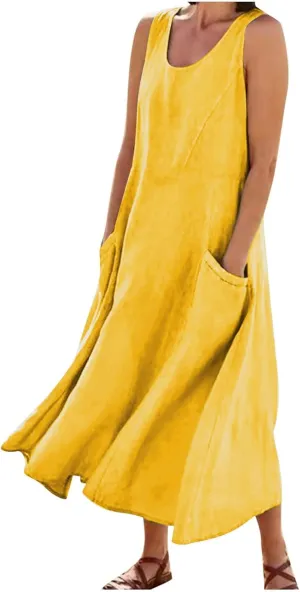 Cotton Linen Maxi Dress for Women 2025 Summer Boho Casual Beach Dresses Sleeveless Solid Long Dress Vacation Outfits