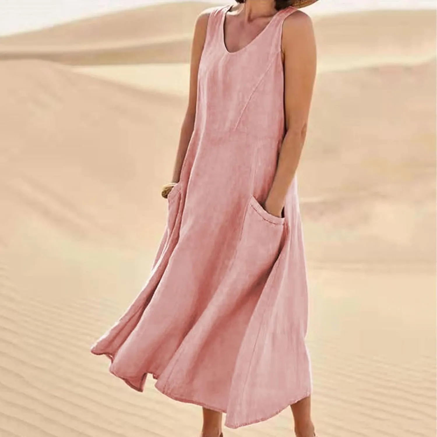 Cotton Linen Maxi Dress for Women 2025 Summer Boho Casual Beach Dresses Sleeveless Solid Long Dress Vacation Outfits