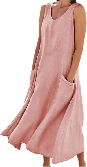 Cotton Linen Maxi Dress for Women 2025 Summer Boho Casual Beach Dresses Sleeveless Solid Long Dress Vacation Outfits
