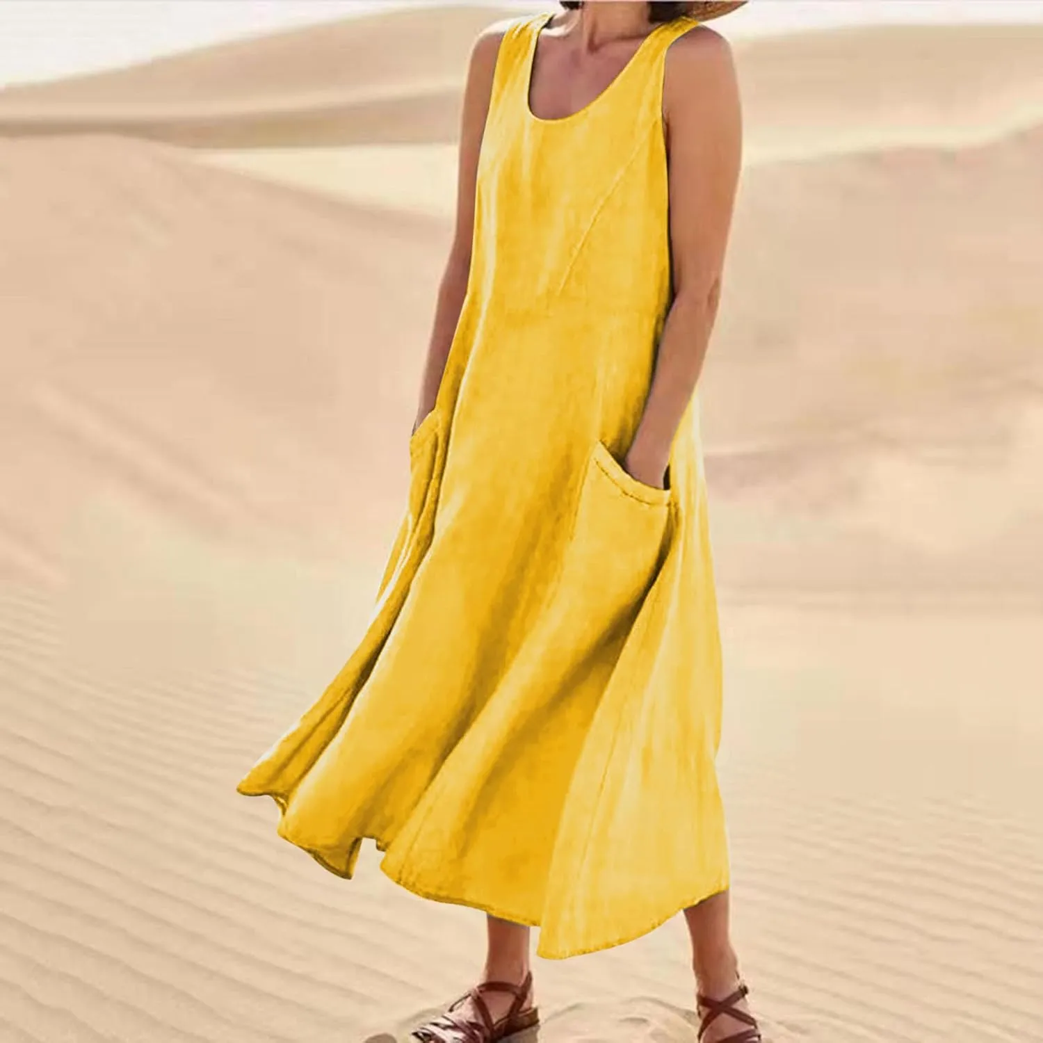 Cotton Linen Maxi Dress for Women 2025 Summer Boho Casual Beach Dresses Sleeveless Solid Long Dress Vacation Outfits