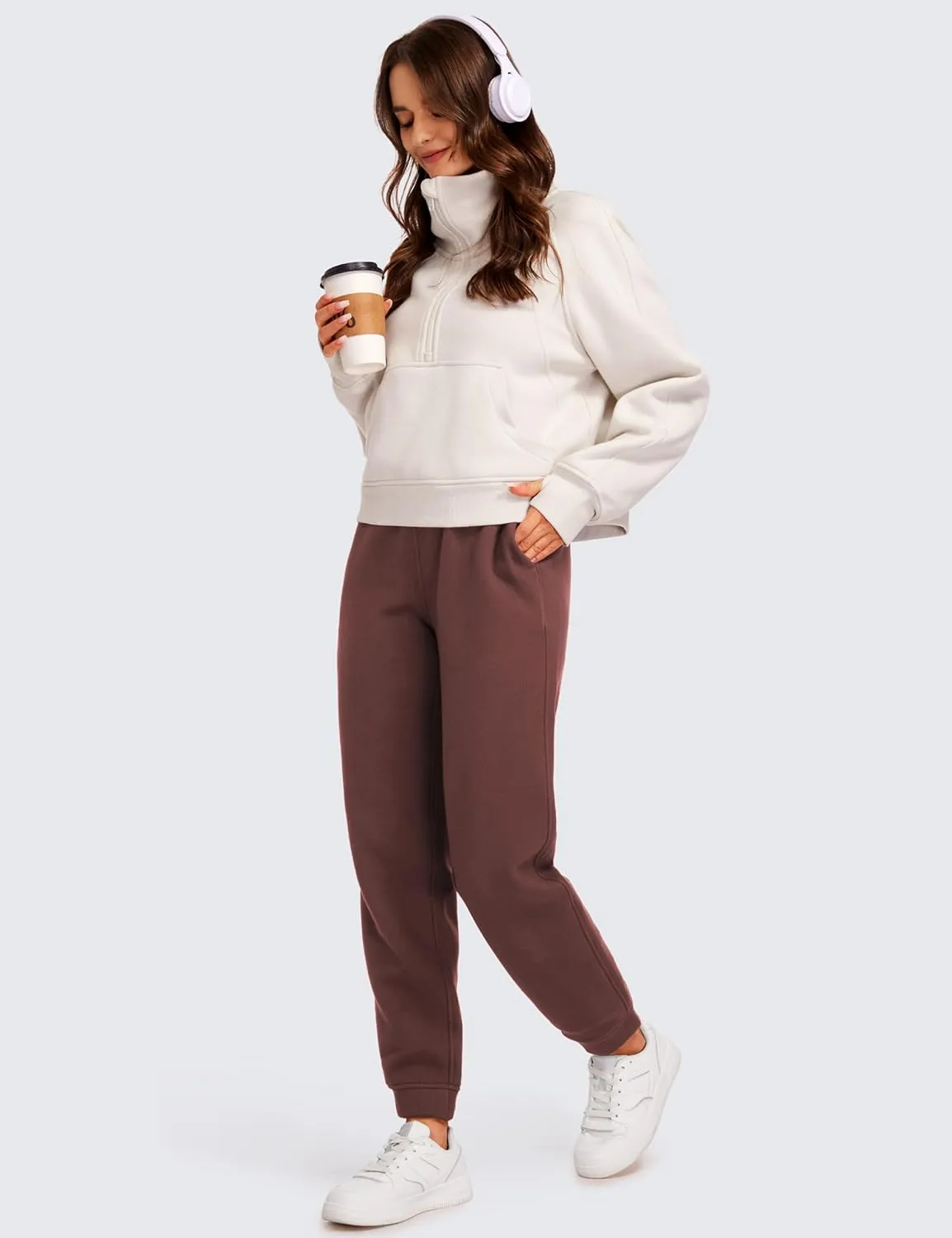 CRZ YOGA Cotton Fleece Lined Sweatpants Women High Waisted Warm Casual Lounge Jogger Pants with Pockets