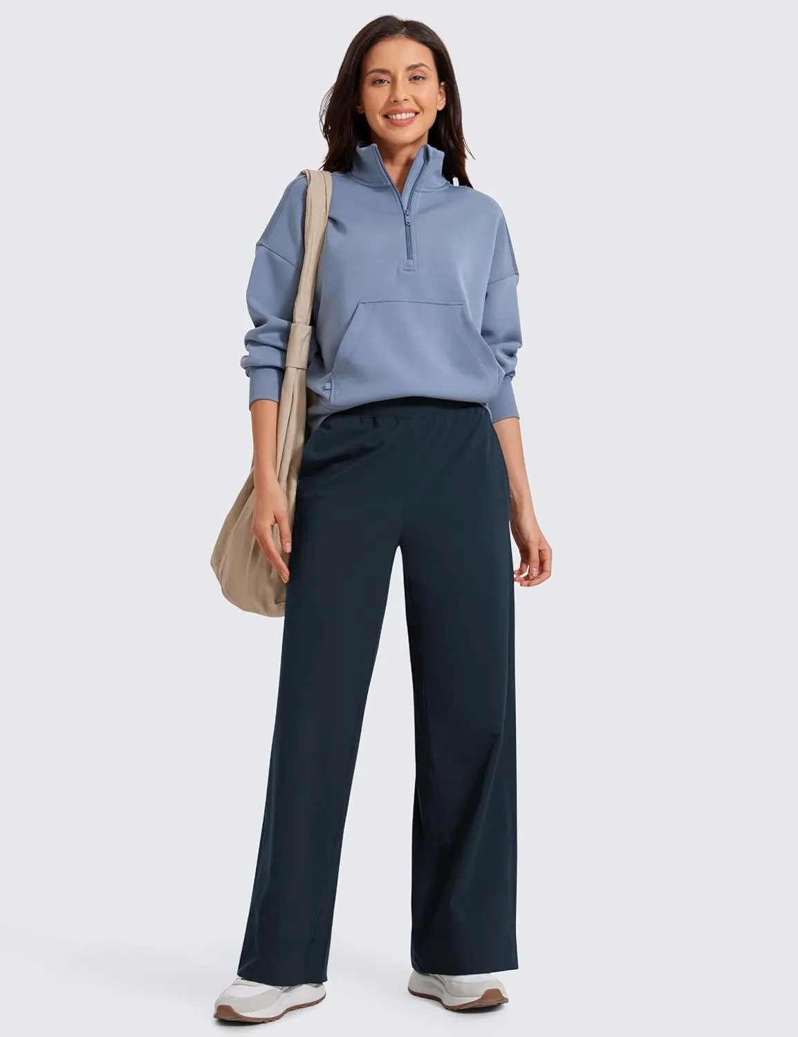 CRZ YOGA Stretch Wide Leg Casual Pants for Women 30" High Waisted Dress Work Water Resistant Travel Trousers