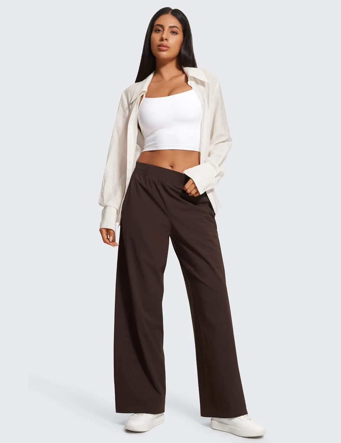 CRZ YOGA Stretch Wide Leg Casual Pants for Women 30" High Waisted Dress Work Water Resistant Travel Trousers