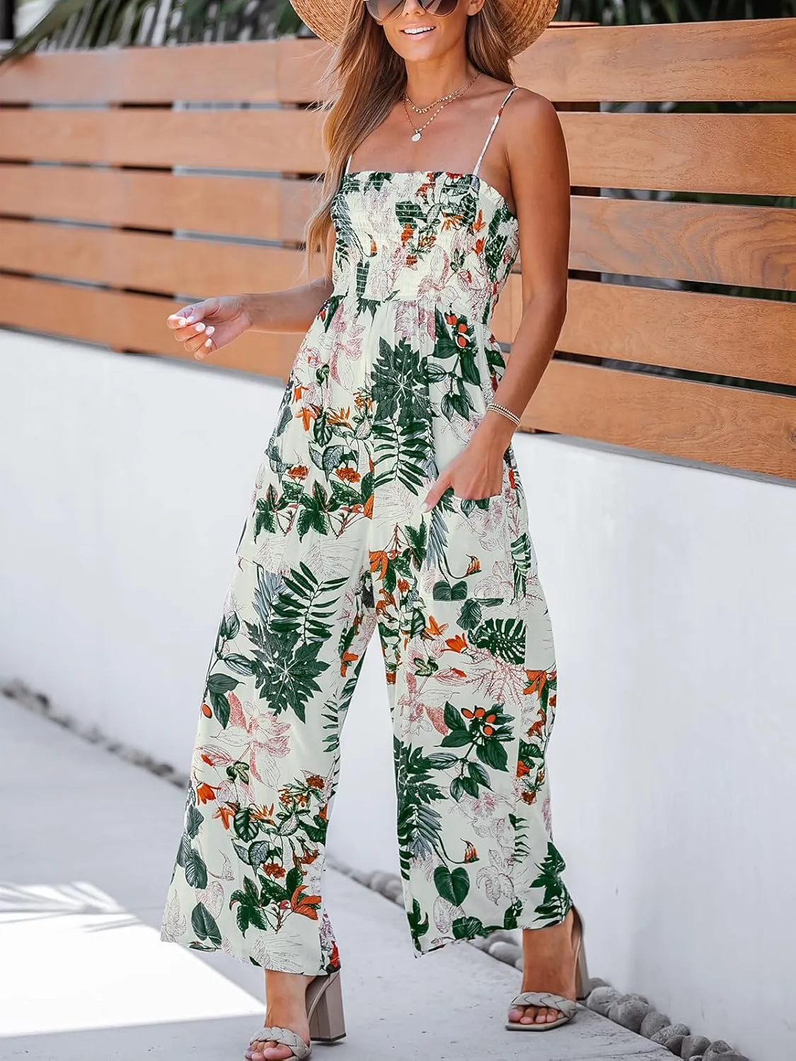CUPSHE Summer Women Slip Ruching Smocked Jumpsuit Pants Square Neck Speghetti Straps Loose Waisted Maxi