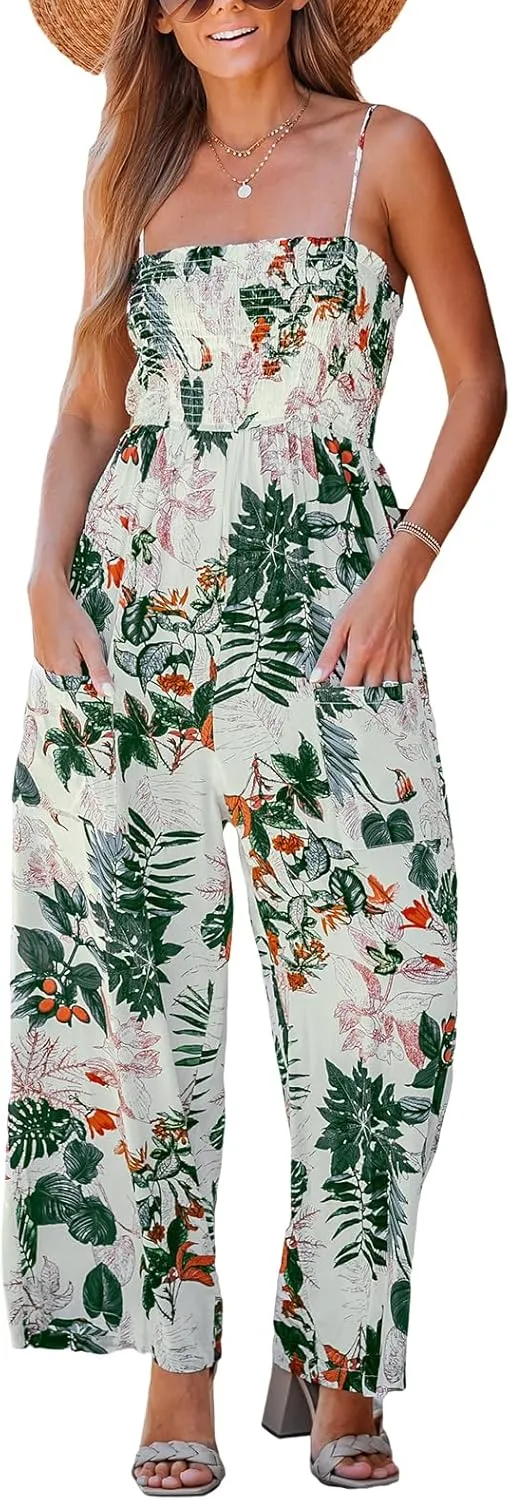 CUPSHE Summer Women Slip Ruching Smocked Jumpsuit Pants Square Neck Speghetti Straps Loose Waisted Maxi