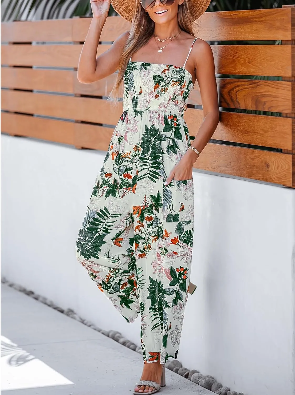 CUPSHE Summer Women Slip Ruching Smocked Jumpsuit Pants Square Neck Speghetti Straps Loose Waisted Maxi