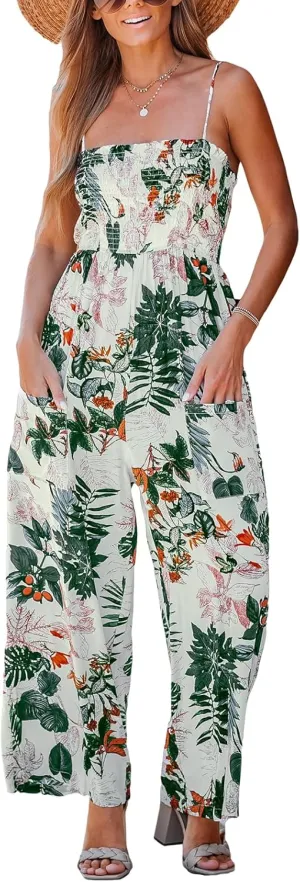 CUPSHE Summer Women Slip Ruching Smocked Jumpsuit Pants Square Neck Speghetti Straps Loose Waisted Maxi