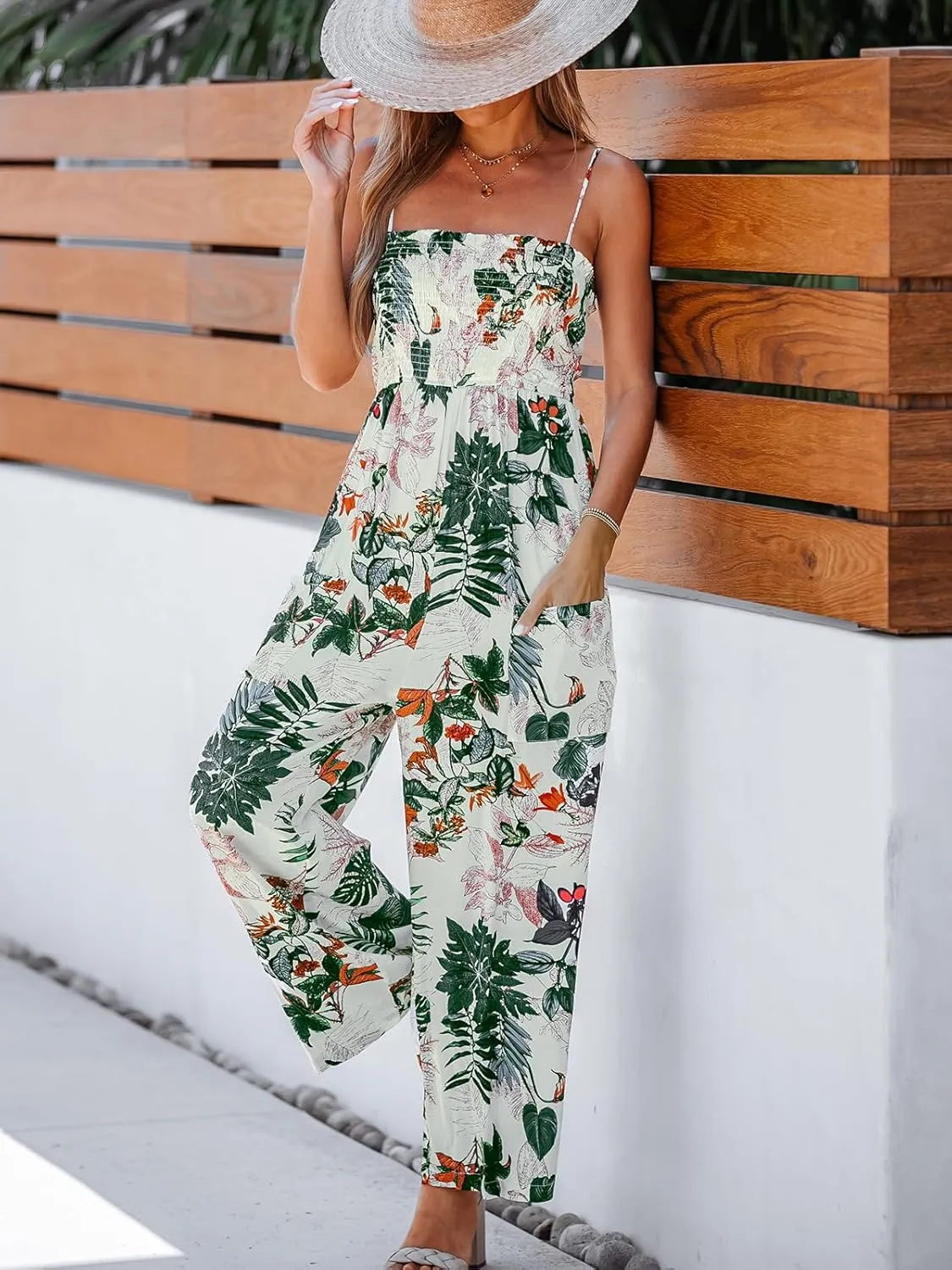 CUPSHE Summer Women Slip Ruching Smocked Jumpsuit Pants Square Neck Speghetti Straps Loose Waisted Maxi