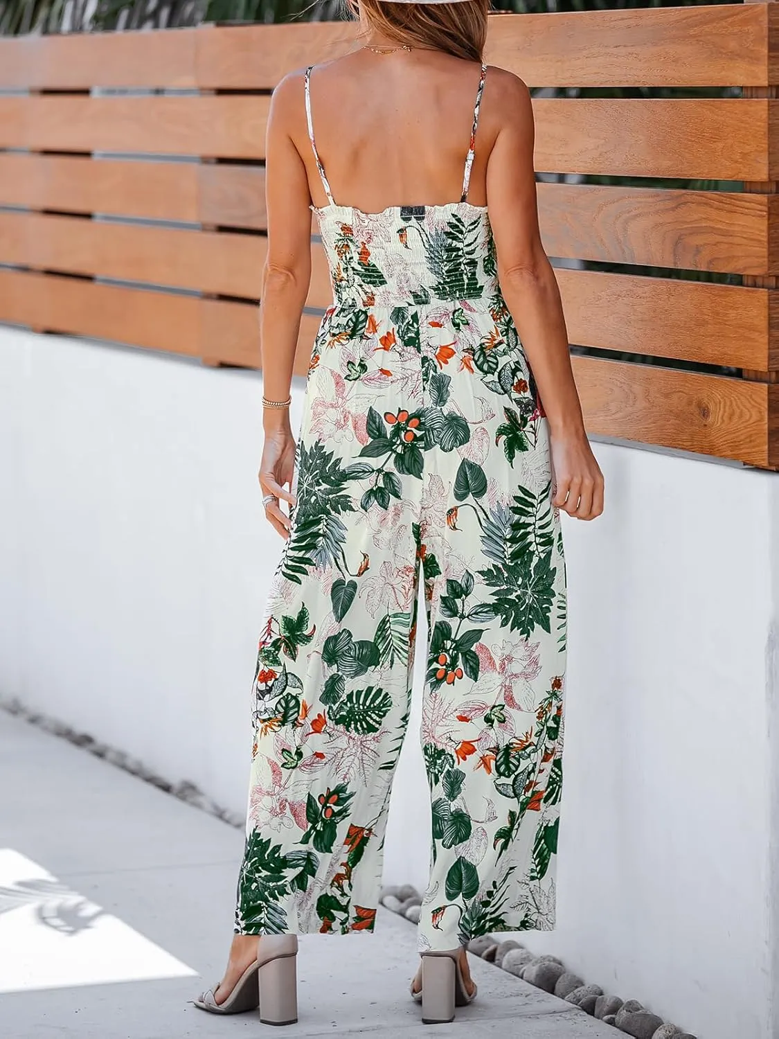 CUPSHE Summer Women Slip Ruching Smocked Jumpsuit Pants Square Neck Speghetti Straps Loose Waisted Maxi