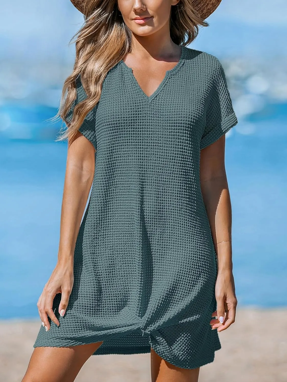 CUPSHE Women Waffle Knit Bathing Suit Cover Up Short Sleeve Twist Hem Swimsuit Coverup for Summer Vacation