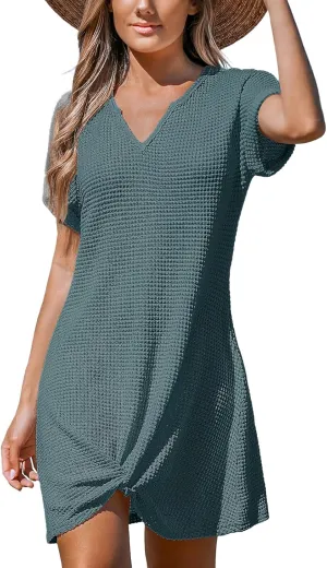 CUPSHE Women Waffle Knit Bathing Suit Cover Up Short Sleeve Twist Hem Swimsuit Coverup for Summer Vacation