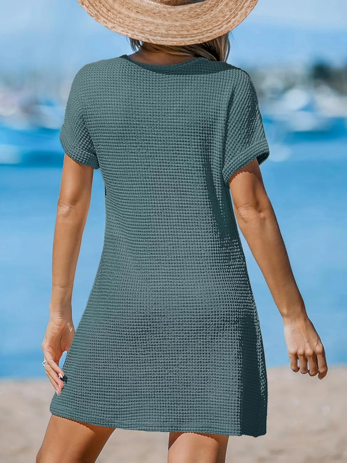 CUPSHE Women Waffle Knit Bathing Suit Cover Up Short Sleeve Twist Hem Swimsuit Coverup for Summer Vacation