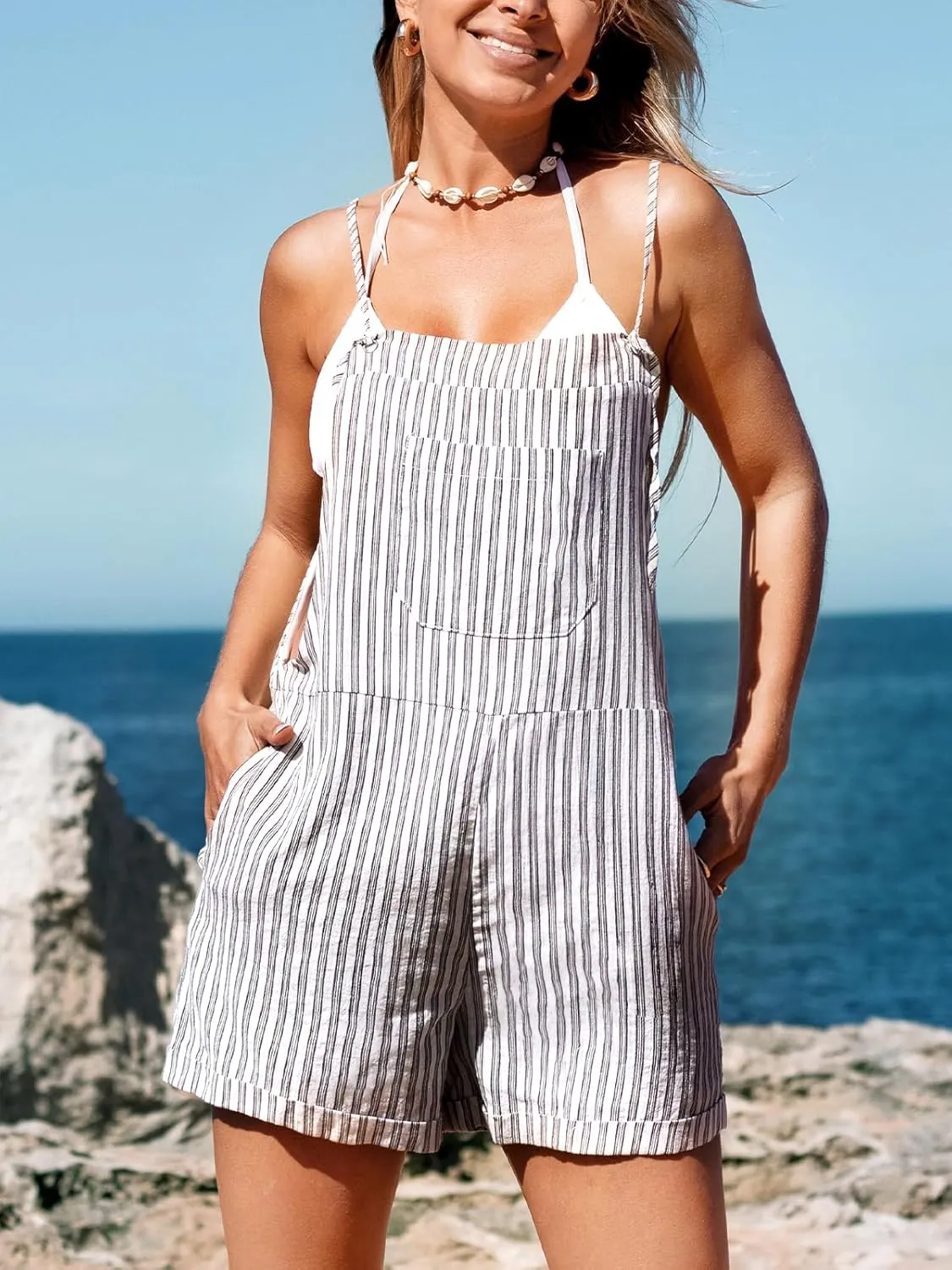 CUPSHE Women's Shorts Sleeveless Striped Square Neck Straight Leg Shortalls With Pockets Overall