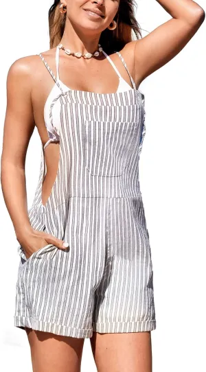 CUPSHE Women's Shorts Sleeveless Striped Square Neck Straight Leg Shortalls With Pockets Overall
